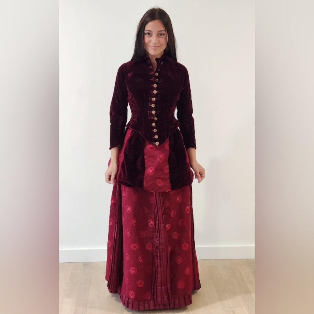 Antique Victorian Silk Damask Bustle Skirt W/Silk Velvet Fitted Jacket Ca. 1880s